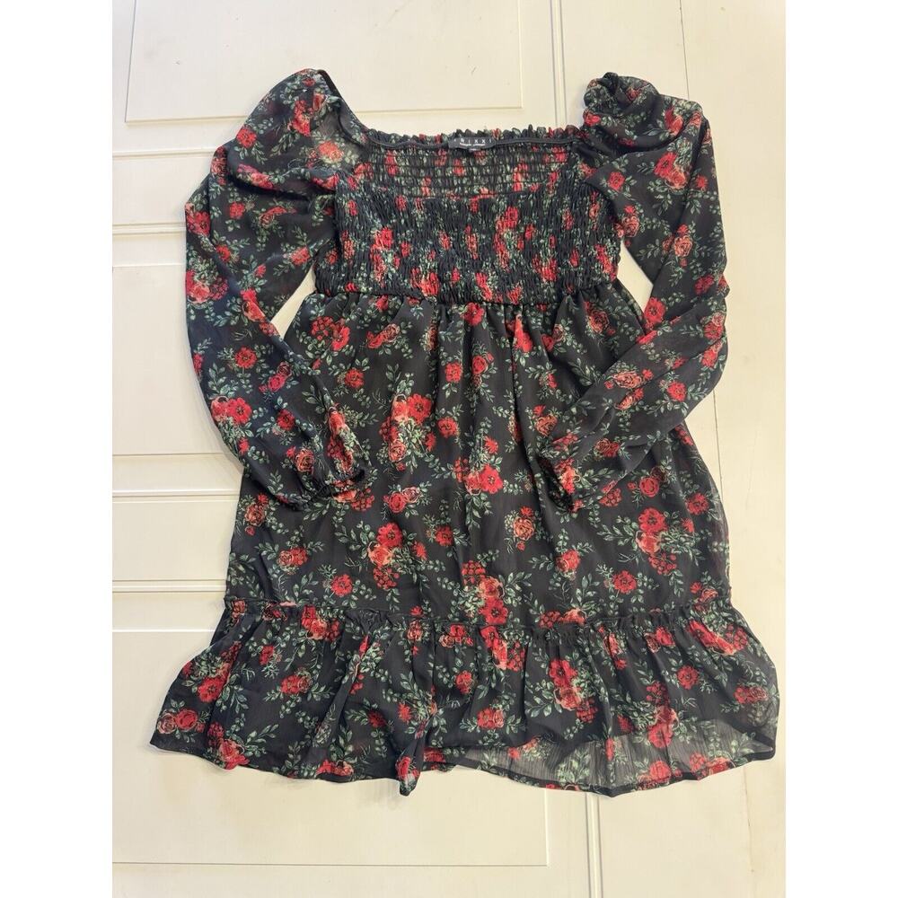 Trixxi Black Floral Chiffon Semi Sheer Long Sleeve Dress Size M